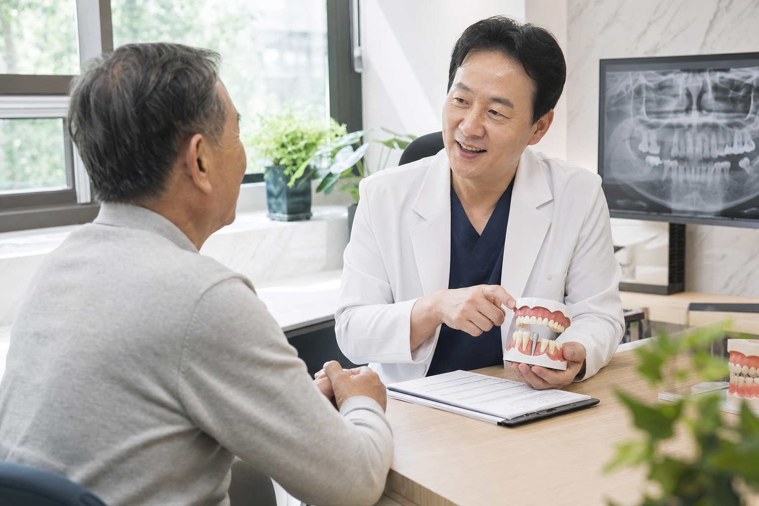 치과에서 임플란트 건강보험 상담을 받는 시니어 환자