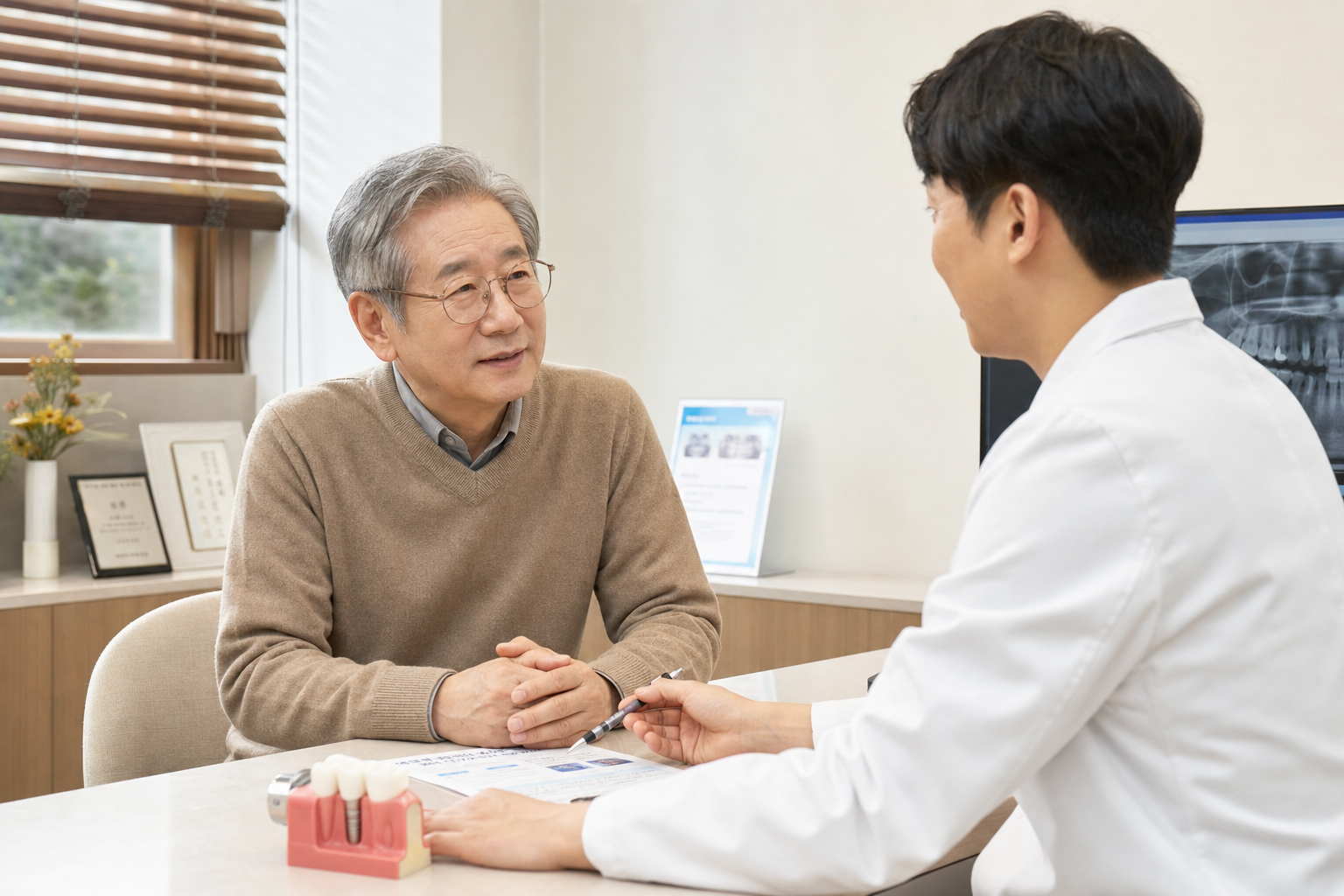 치과 상담실에서 임플란트 건강보험 적용 여부를 상담하는 중장년 환자와 치과의사