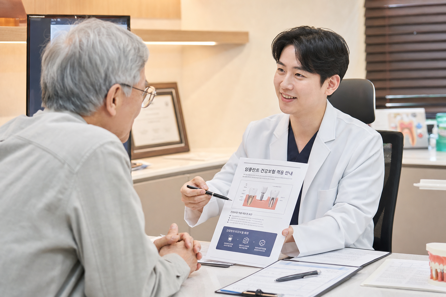 치과에서 임플란트 건강보험 상담을 받는 시니어 환자