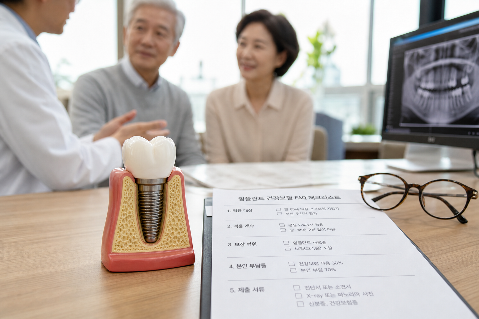 임플란트 모형과 보험 체크리스트를 살펴보는 상담 장면