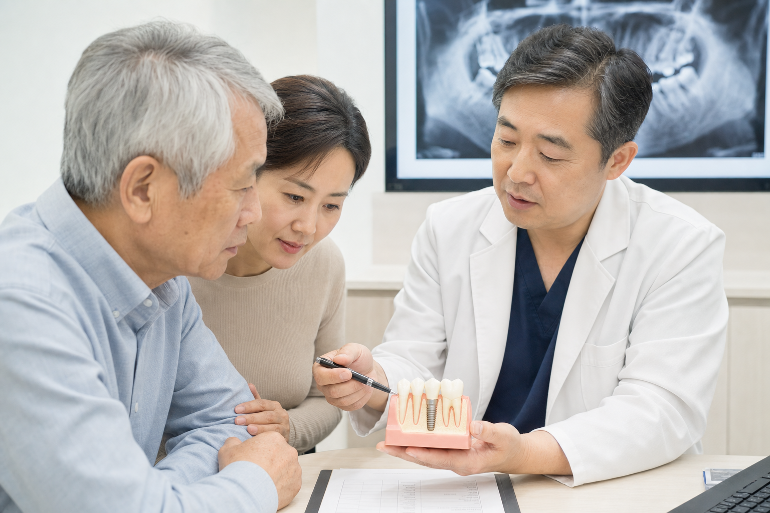 치과의사가 임플란트 모형과 서류로 보험 적용 조건을 설명하는 모습