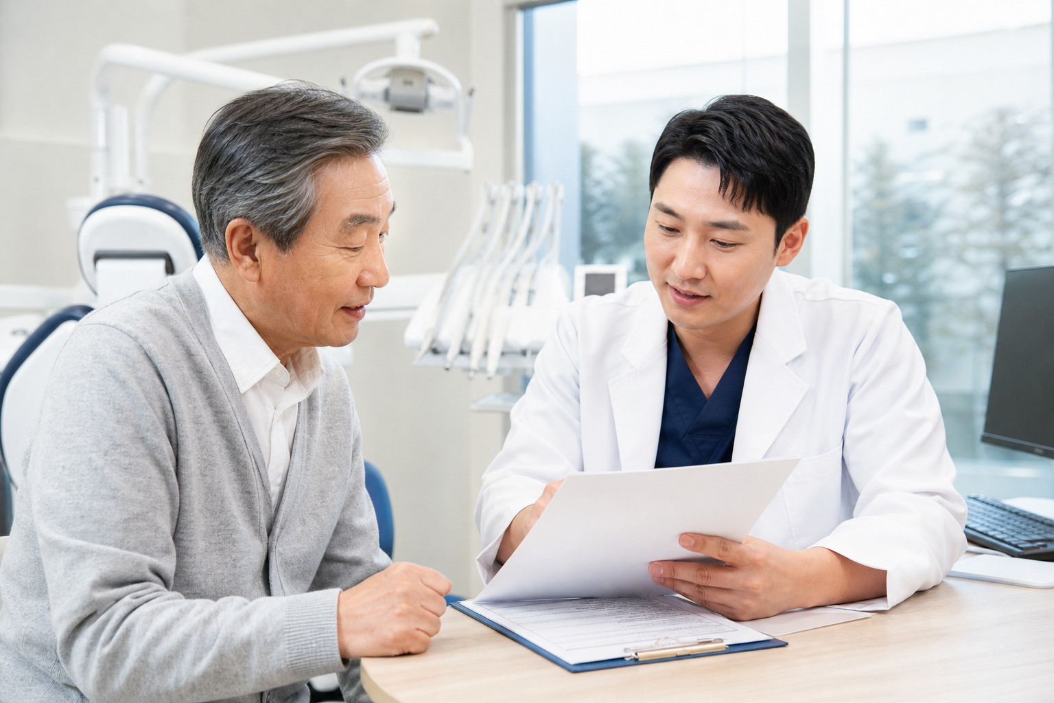 고령 환자와 치과의사가 임플란트 보험 적용 상담을 하는 모습
