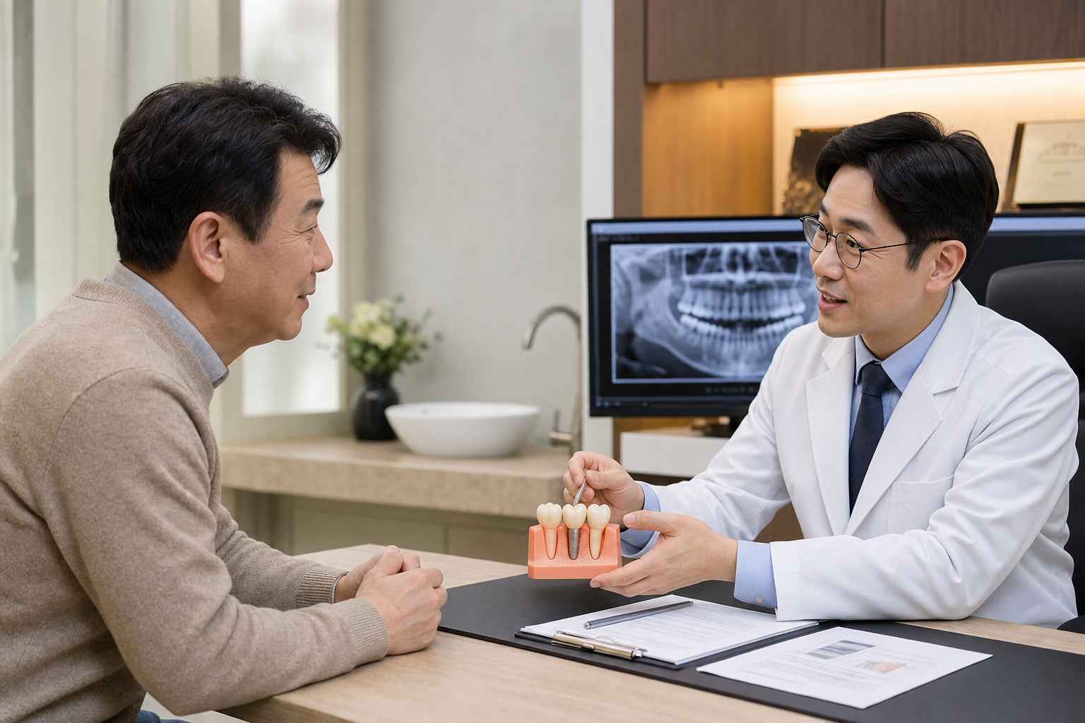 치과에서 임플란트 건강보험 상담을 받는 중장년 환자
