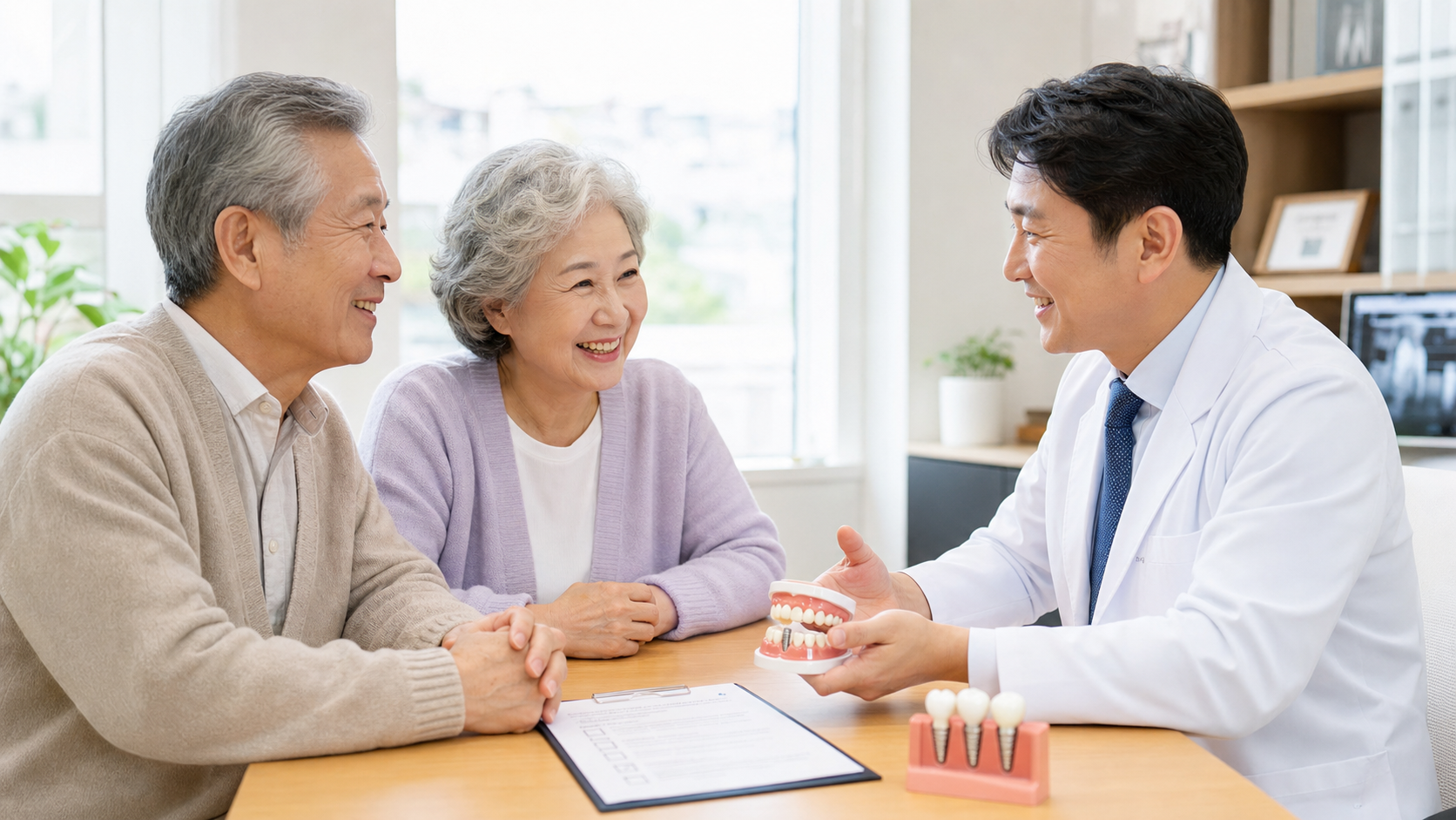 치과에서 임플란트 건강보험 상담을 받는 시니어 부부