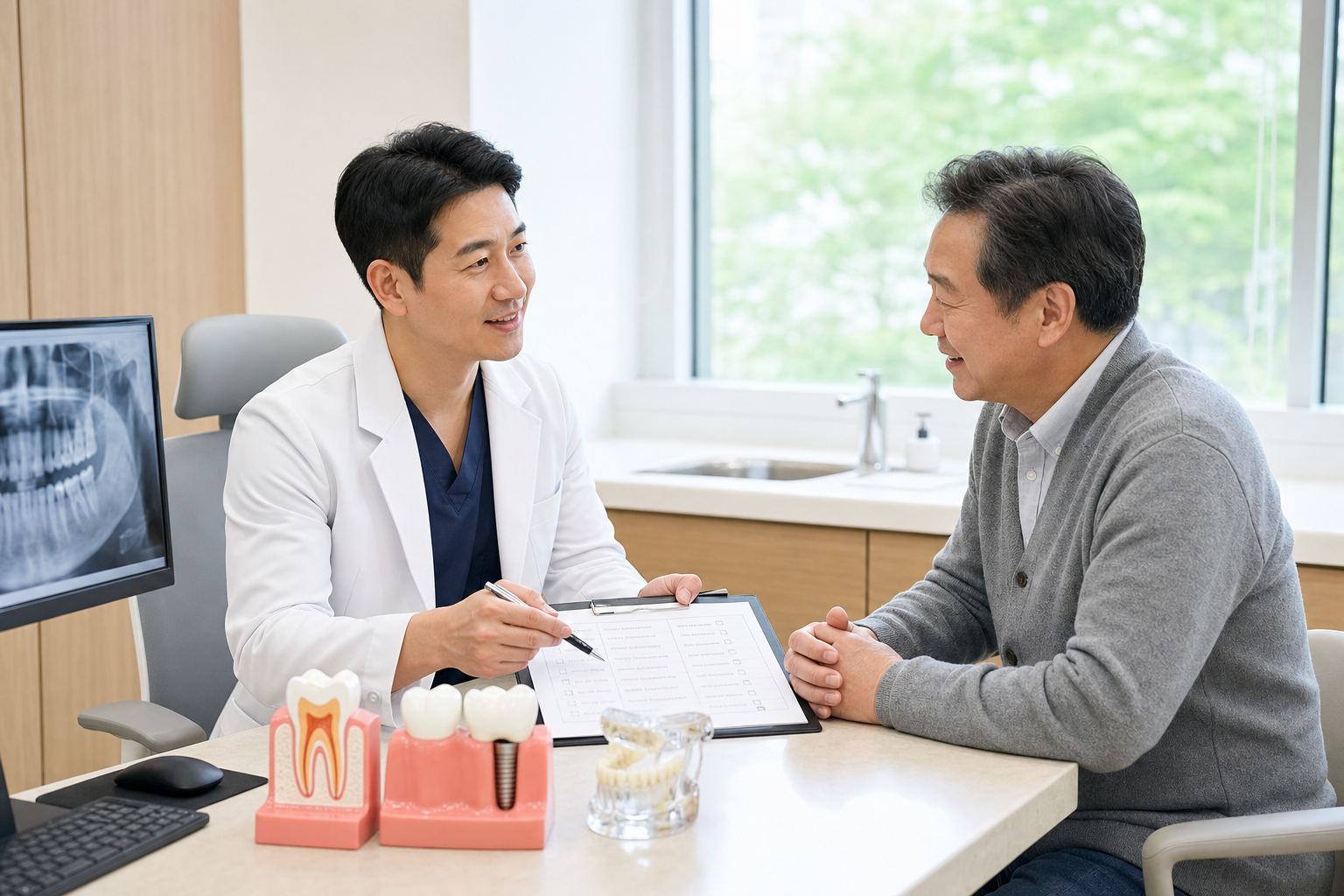 치과에서 임플란트 건강보험 상담을 받는 중장년 환자