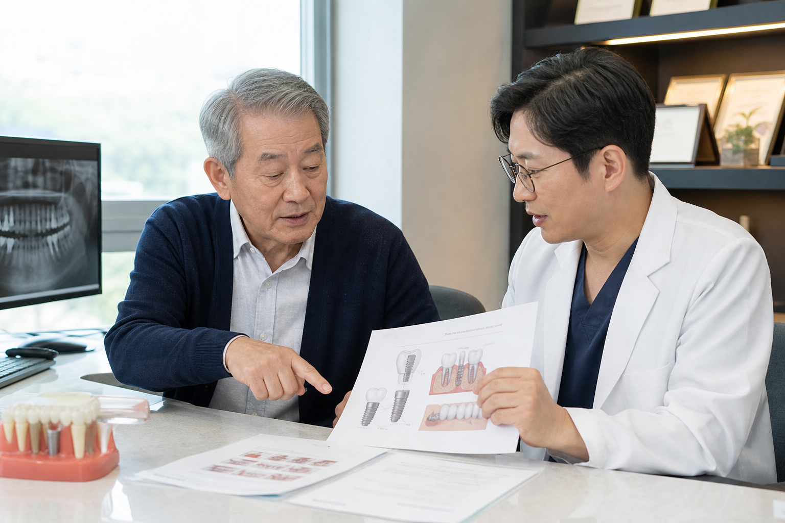 치과에서 임플란트 건강보험 상담을 받는 시니어