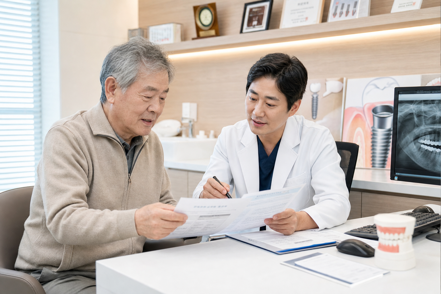 임플란트 건강보험 상담을 받는 고령 환자와 치과 의사