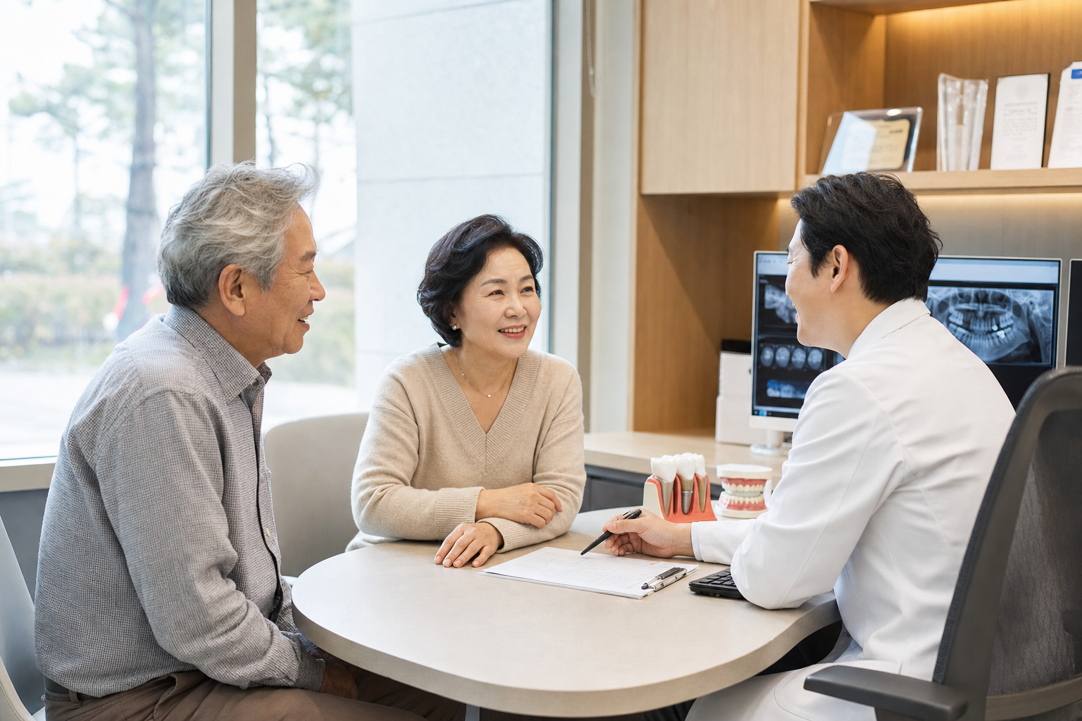 치과에서 임플란트 건강보험 상담을 받는 중장년 부부
