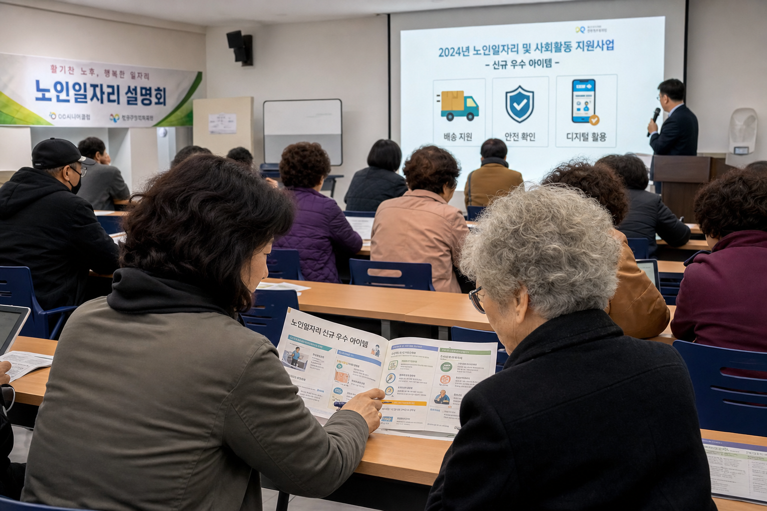 주민센터 설명회에서 시니어와 보호자가 노인일자리 안내 자료를 확인하는 모습