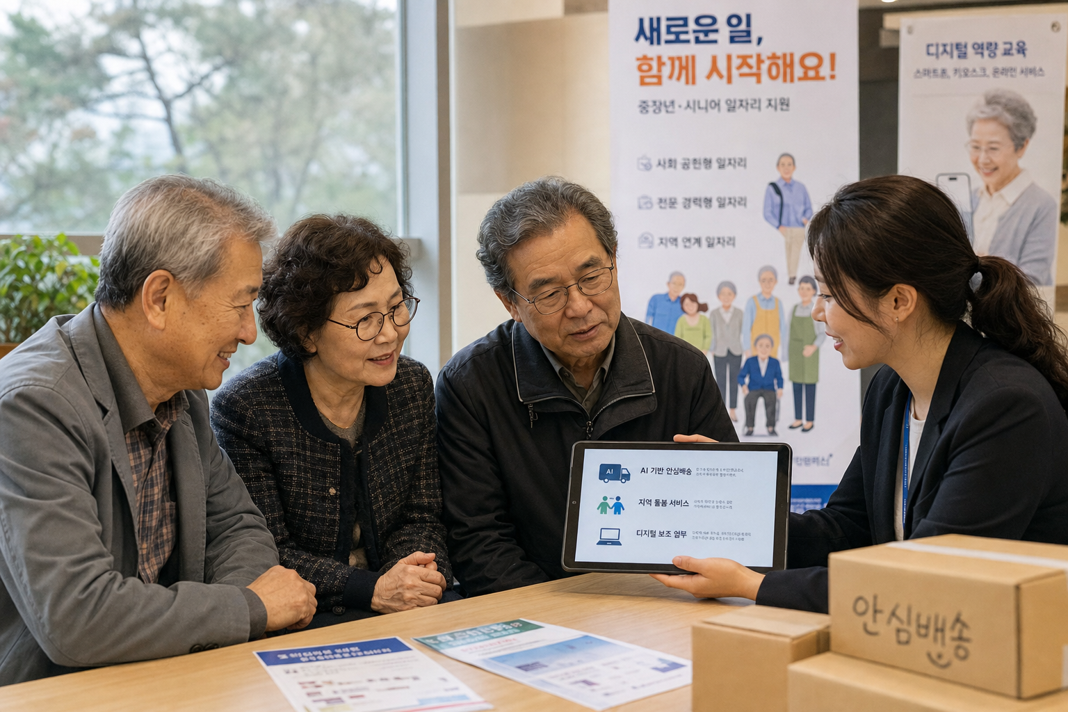 복지센터에서 시니어가 새 일자리 상담을 받는 모습