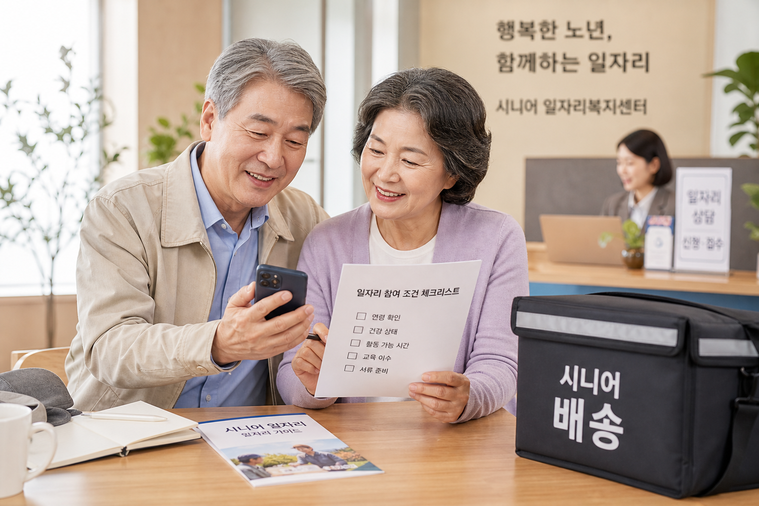 시니어가 스마트폰으로 일자리 참여 조건을 확인하는 모습