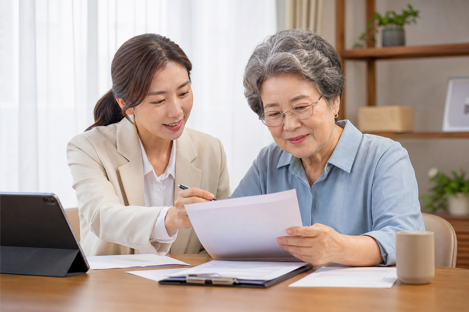 건강보험 관련 체크리스트를 확인하는 시니어와 보호자