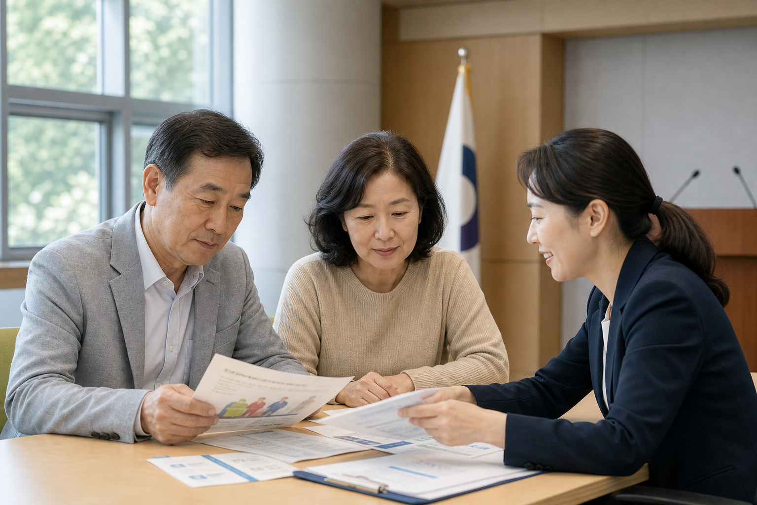 국민건강보험공단 관련 안내 자료를 살펴보는 중장년층과 보호자