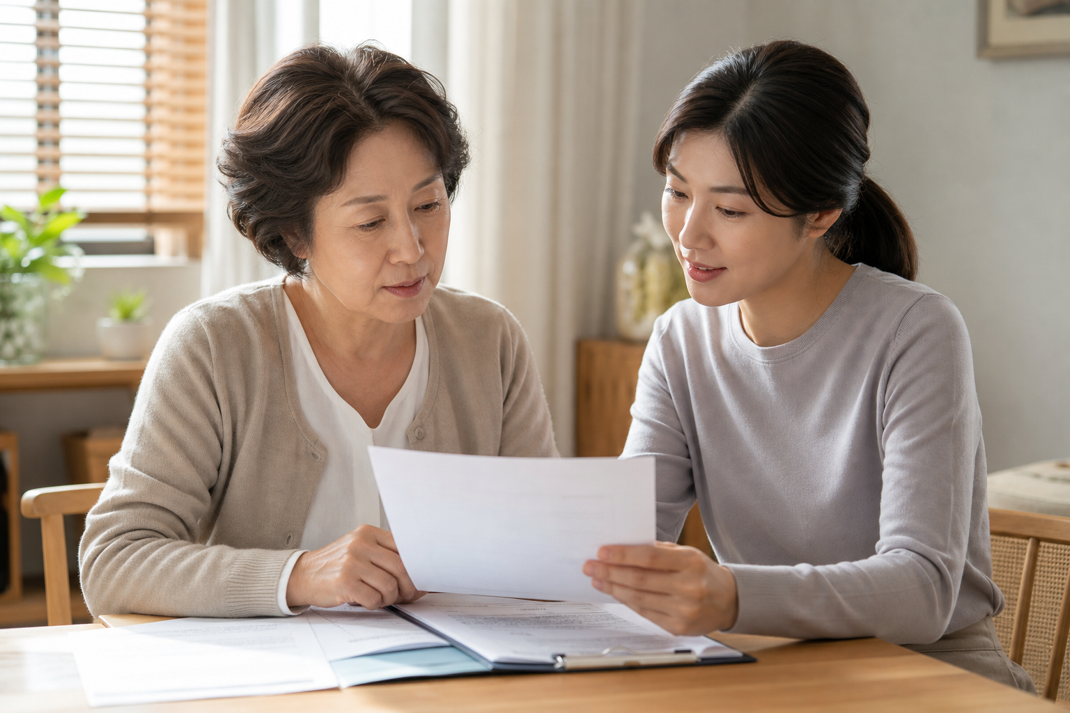 건강보험과 장기요양 관련 체크리스트를 살펴보는 보호자와 중장년층