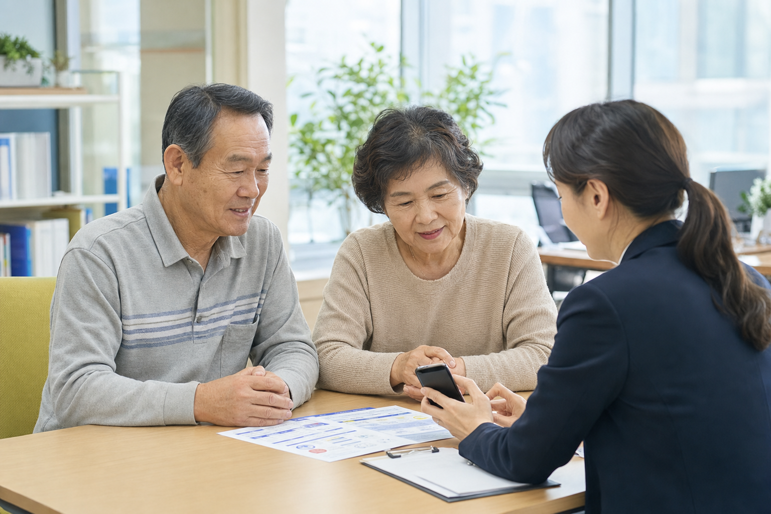 국민건강보험 안내문을 함께 확인하는 한국 시니어와 보호자
