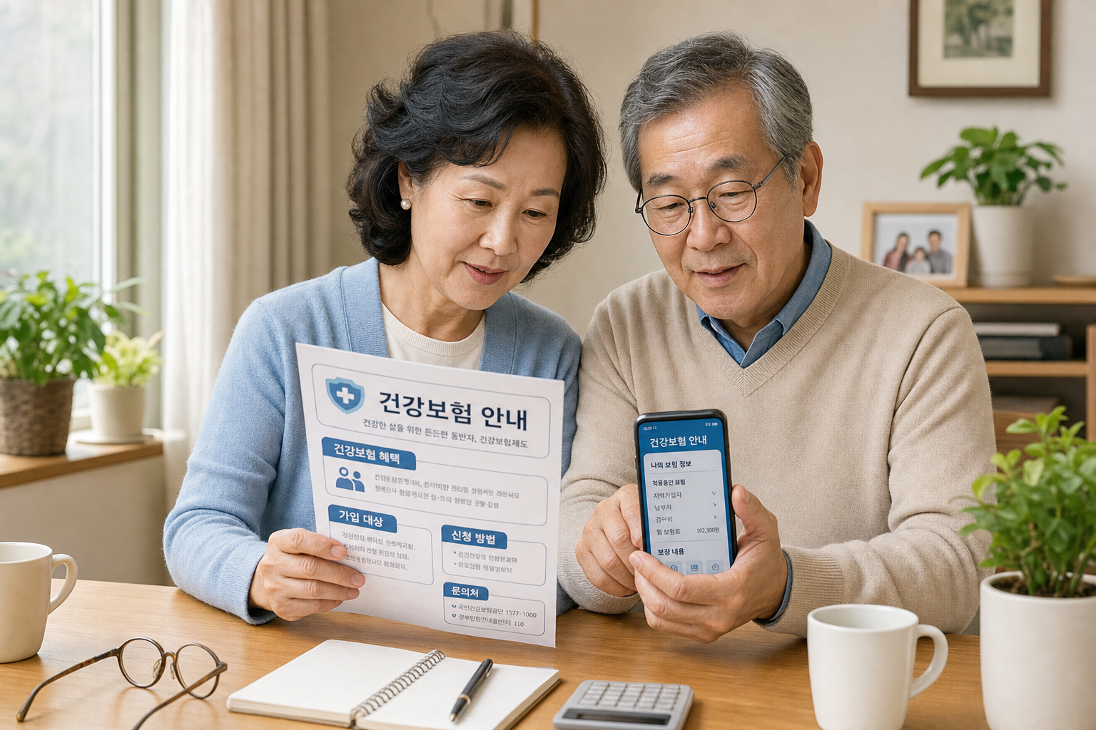 건강보험 안내문을 함께 확인하는 시니어 부부