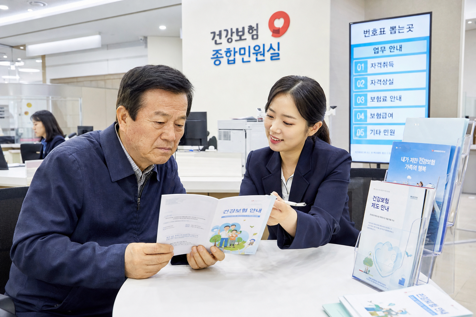 건강보험 상담 자료를 살펴보는 중장년층