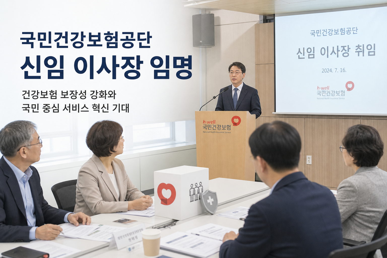국민건강보험공단 신임 이사장 임명 관련 안내 이미지를 살펴보는 중장년층