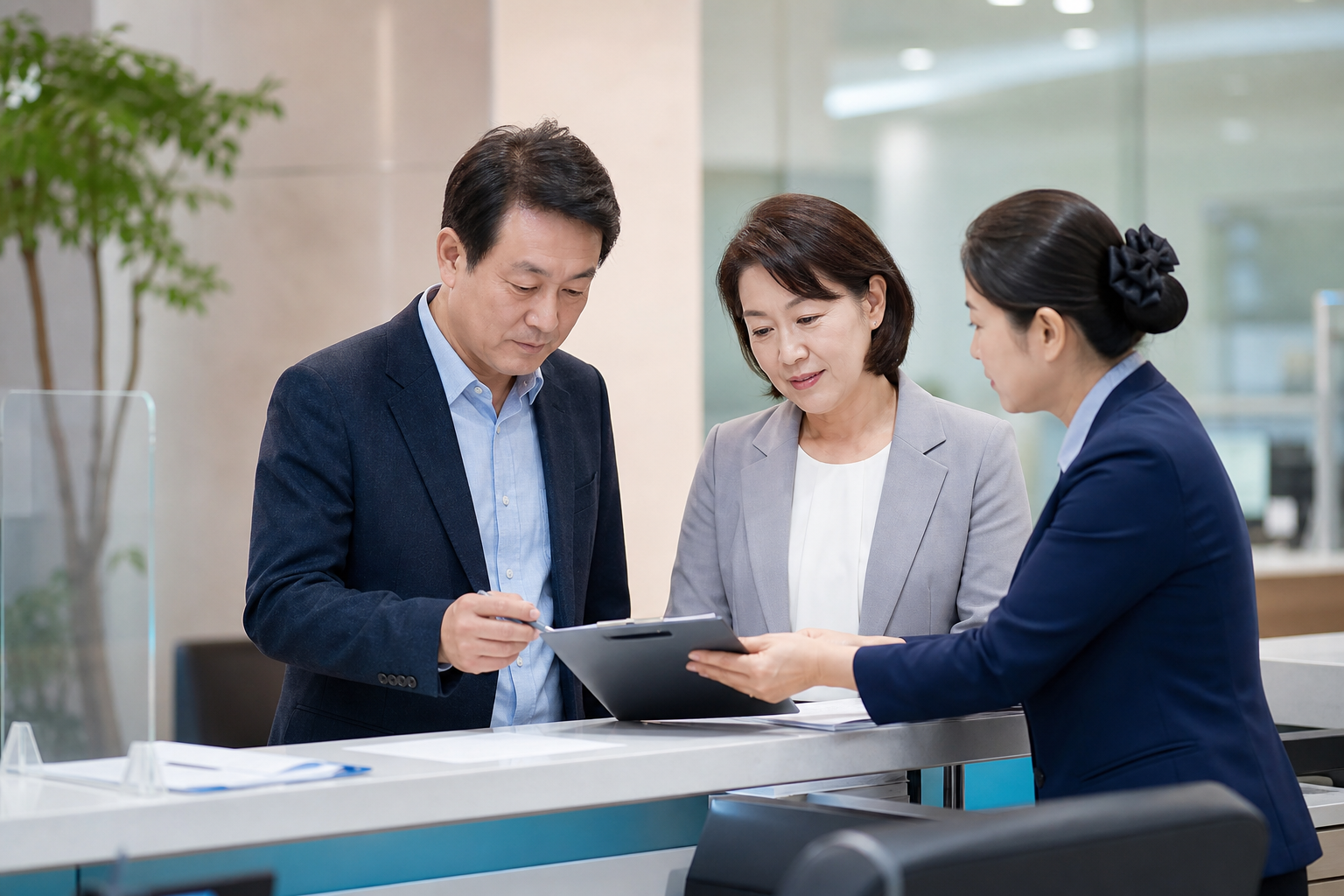 건강보험 체크리스트를 살펴보는 한국인 중장년 부부