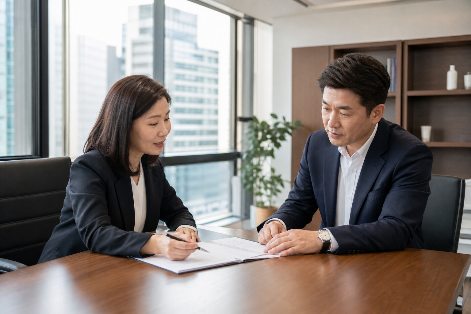 중장년 근로자가 사무실에서 근로계약서와 급여명세서를 확인하는 모습
