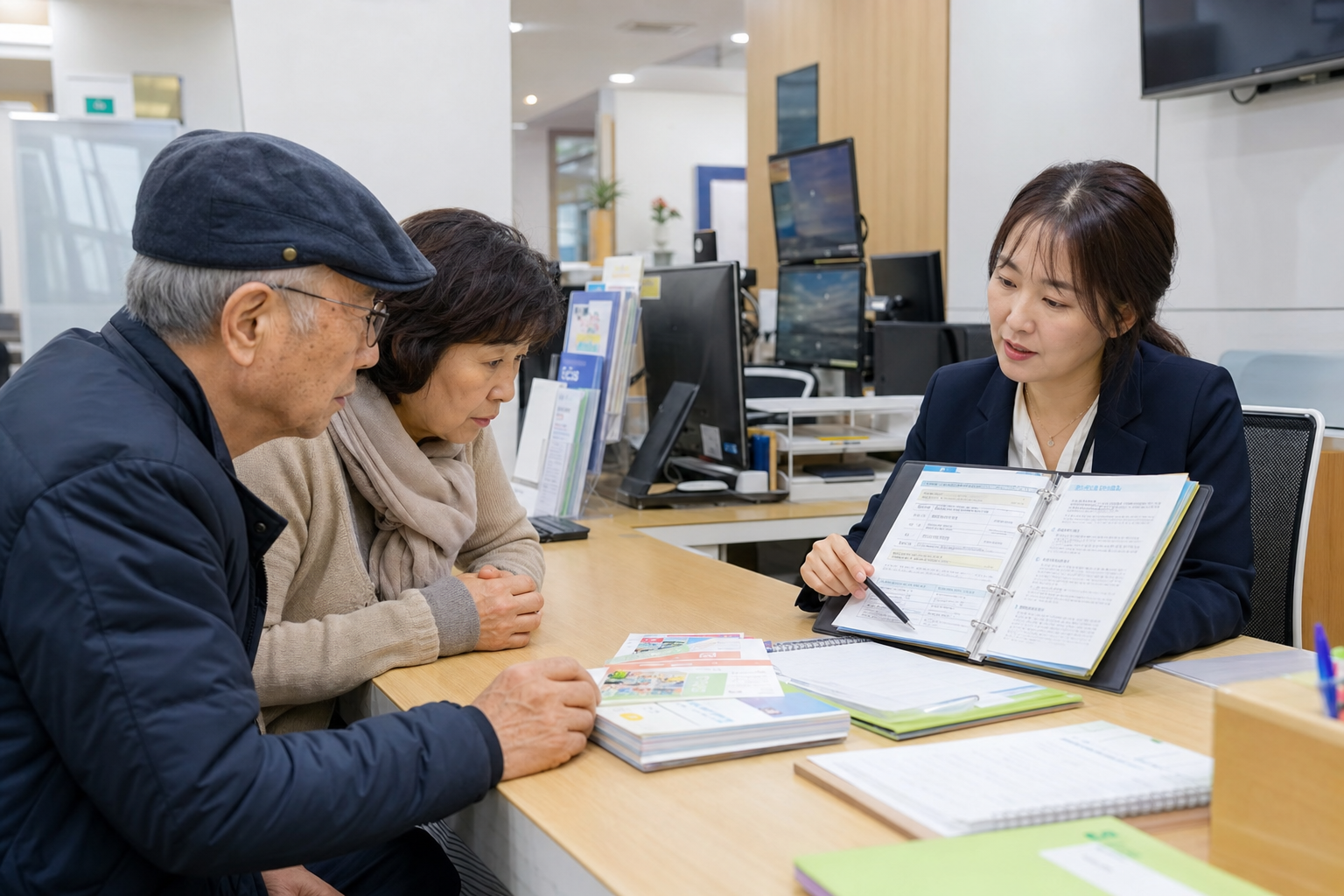 주민센터 상담 창구에서 어르신과 보호자가 신청 절차를 설명 듣는 모습