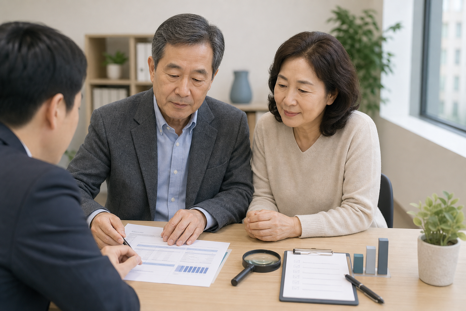 연금 서류와 체크리스트를 보며 상담받는 중장년층