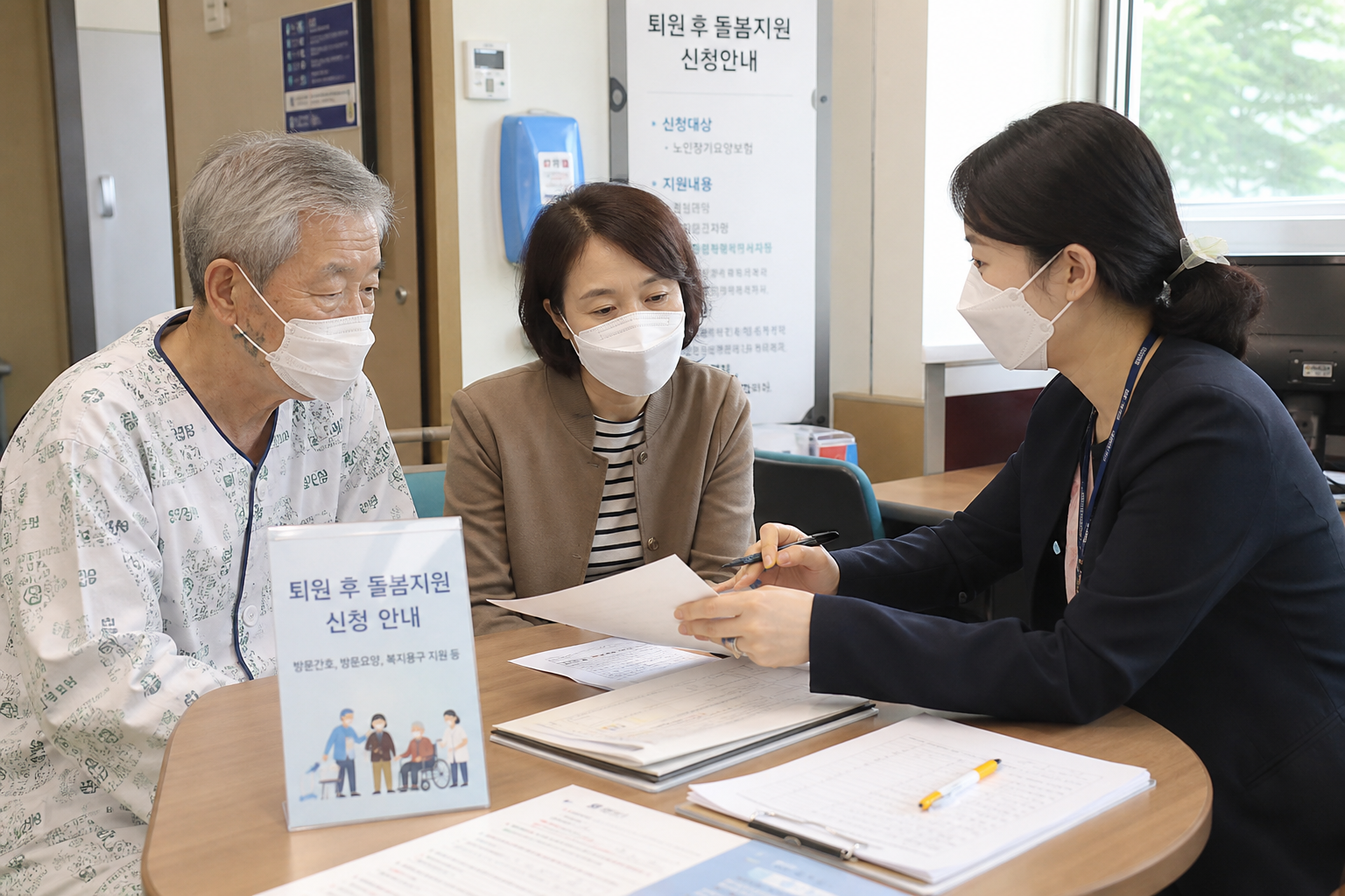 병원 퇴원 후 돌봄 지원 상담을 받는 어르신과 가족