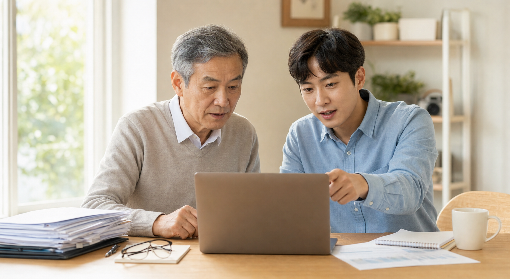 시니어와 가족이 노트북으로 건강보험 신고서 발급 방법을 확인하는 모습