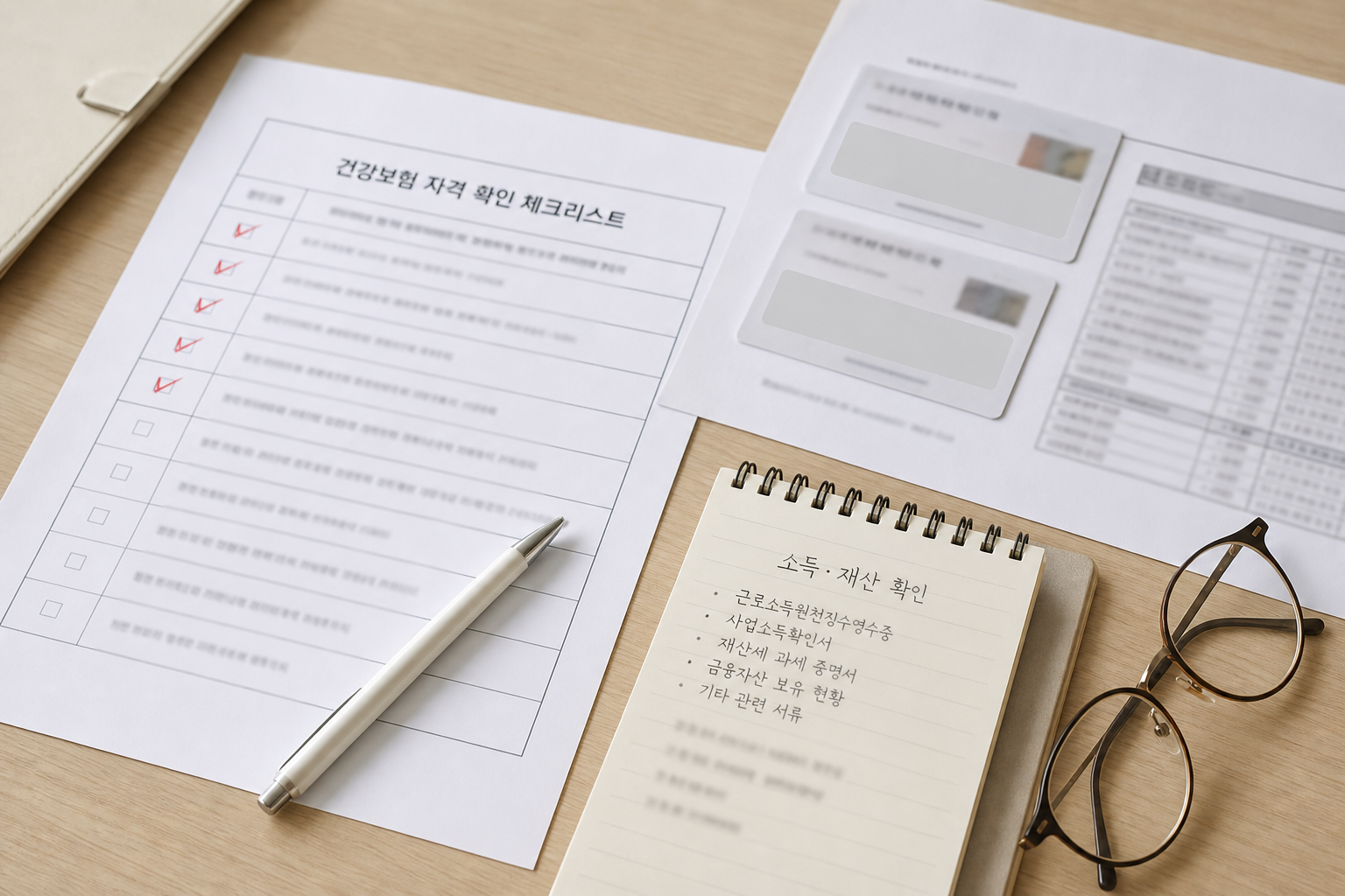 건강보험 자격 확인 체크리스트와 서류가 놓인 책상