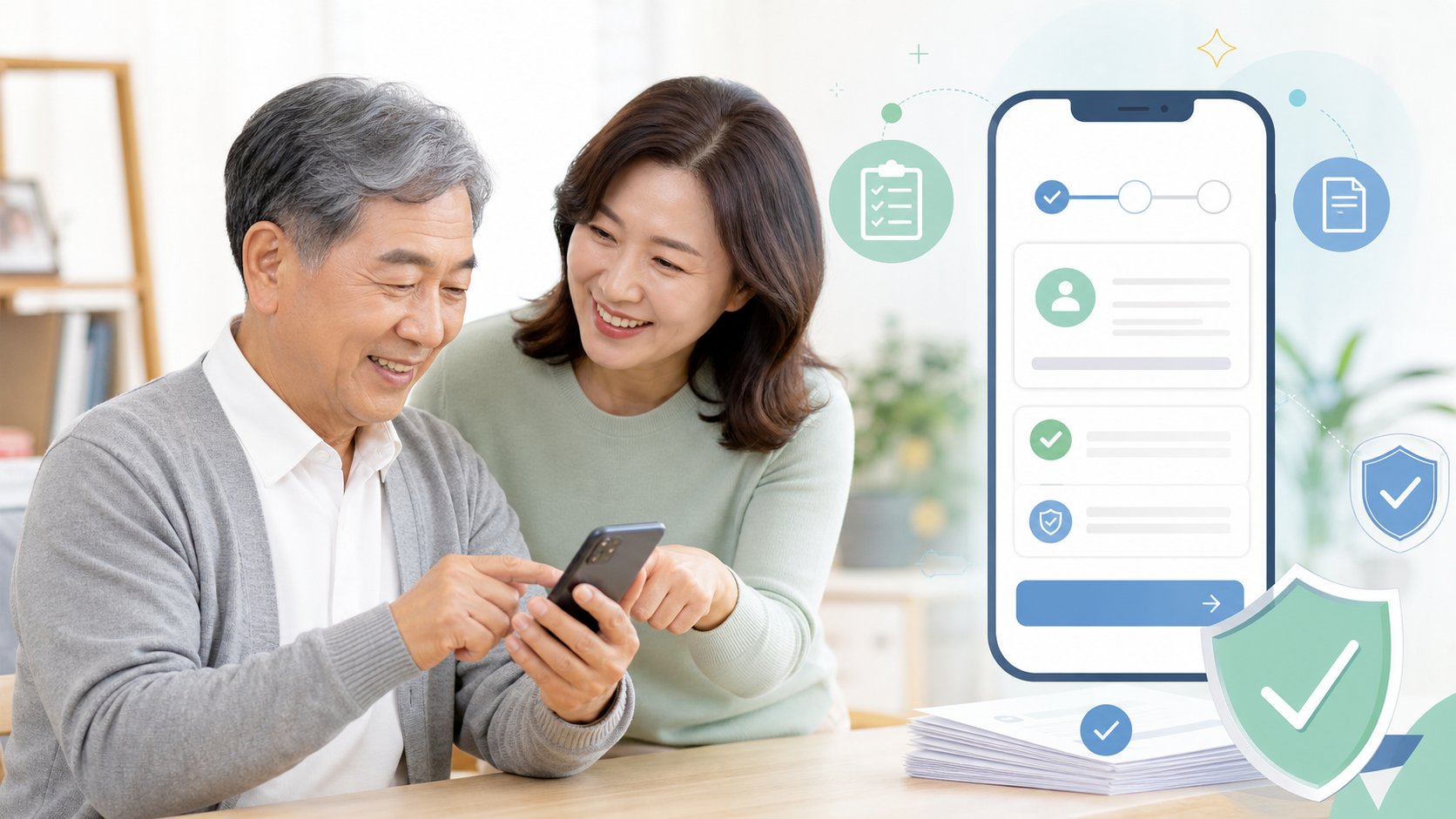 스마트폰으로 국민연금 추후납부 신청 정보를 확인하는 중장년층