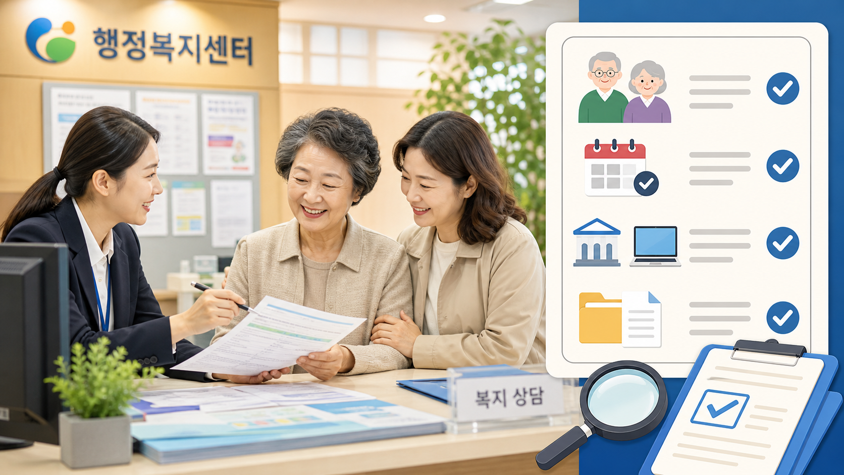 노인 일자리 사업 신청 절차를 상담받는 시니어와 보호자