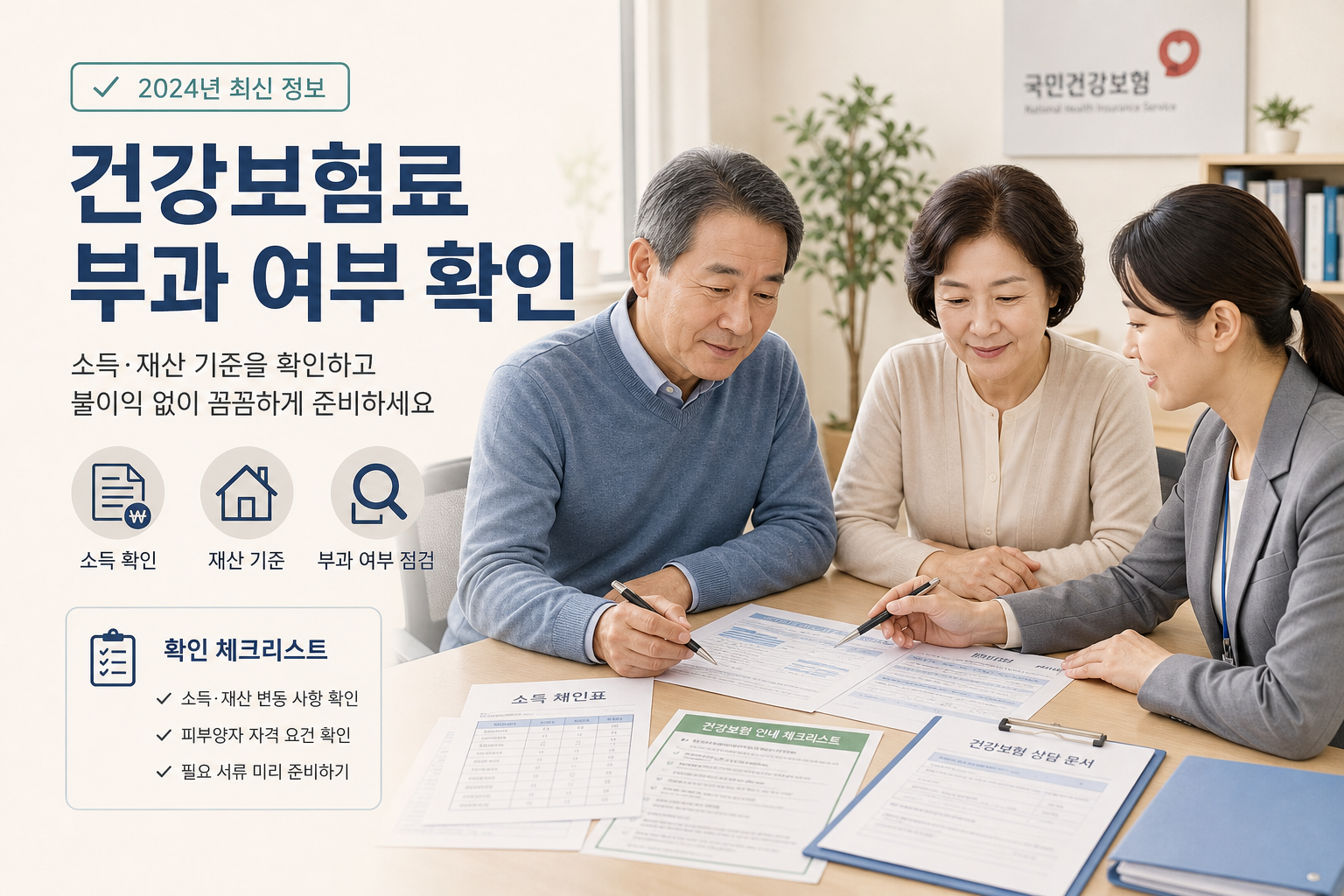 중장년 근로자와 보호자가 건강보험료 관련 서류를 확인하는 장면