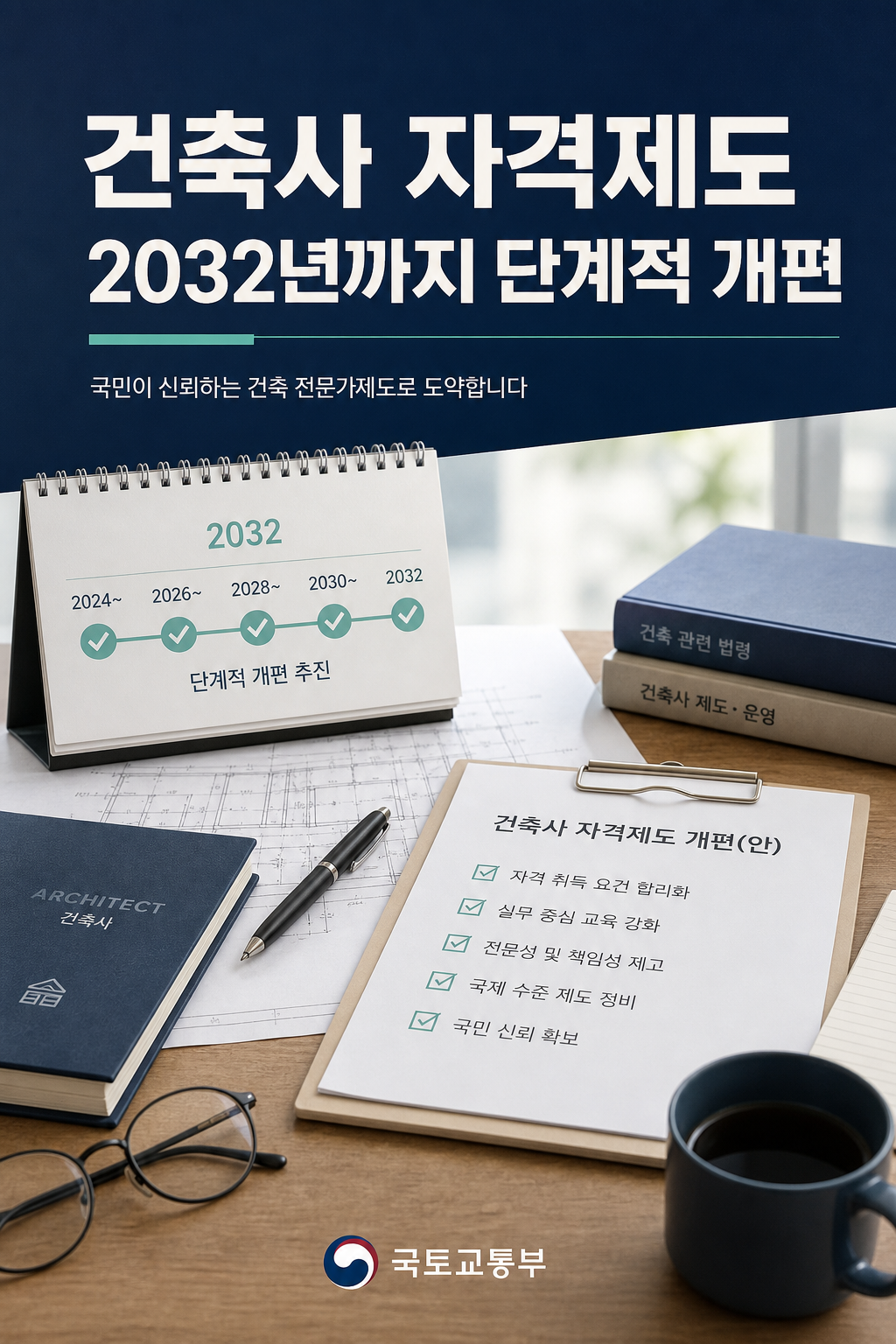 건축사 자격제도 2032년까지 단계적 개편 안내 인포그래픽
