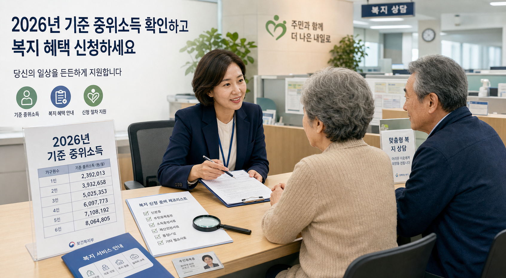 복지상담 창구에서 기준 중위소득과 신청서류를 확인하는 중장년층 이미지