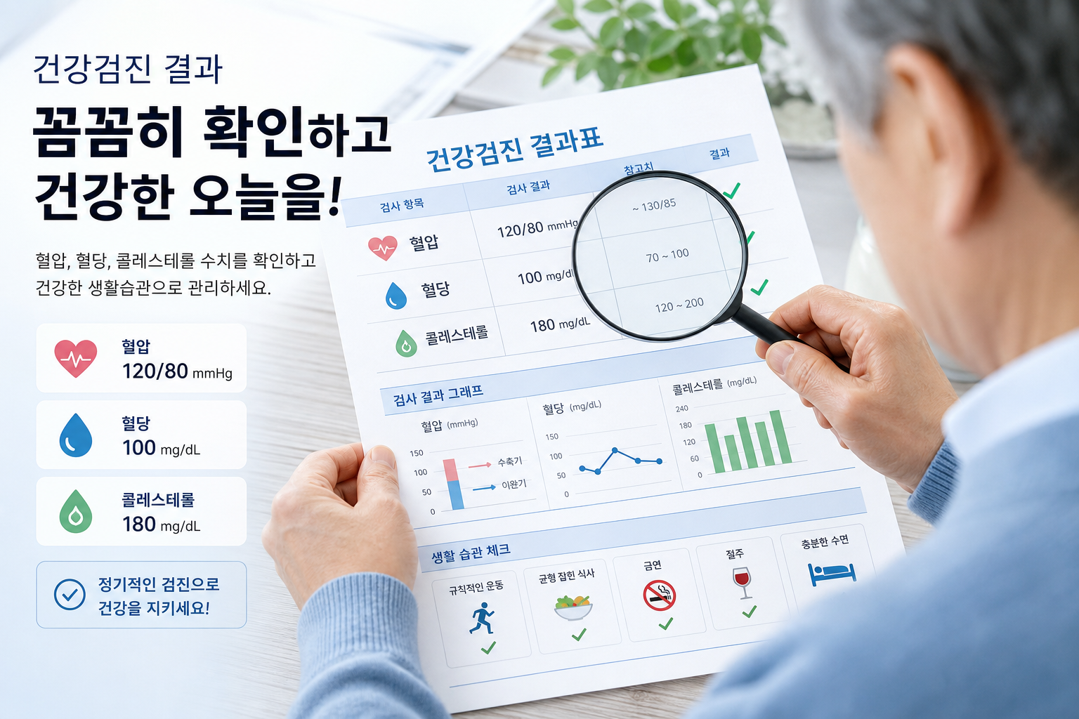 고령층이 건강검진 결과표의 주요 수치를 확인하는 모습
