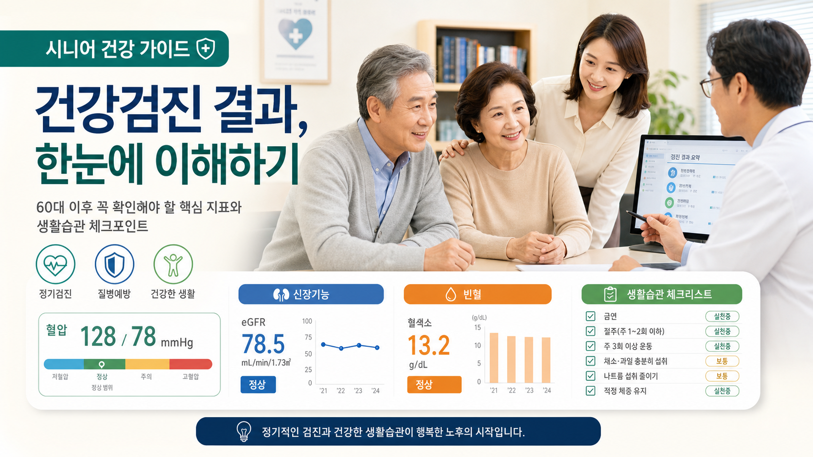시니어 부부와 보호자가 건강검진 체크리스트를 함께 보는 장면