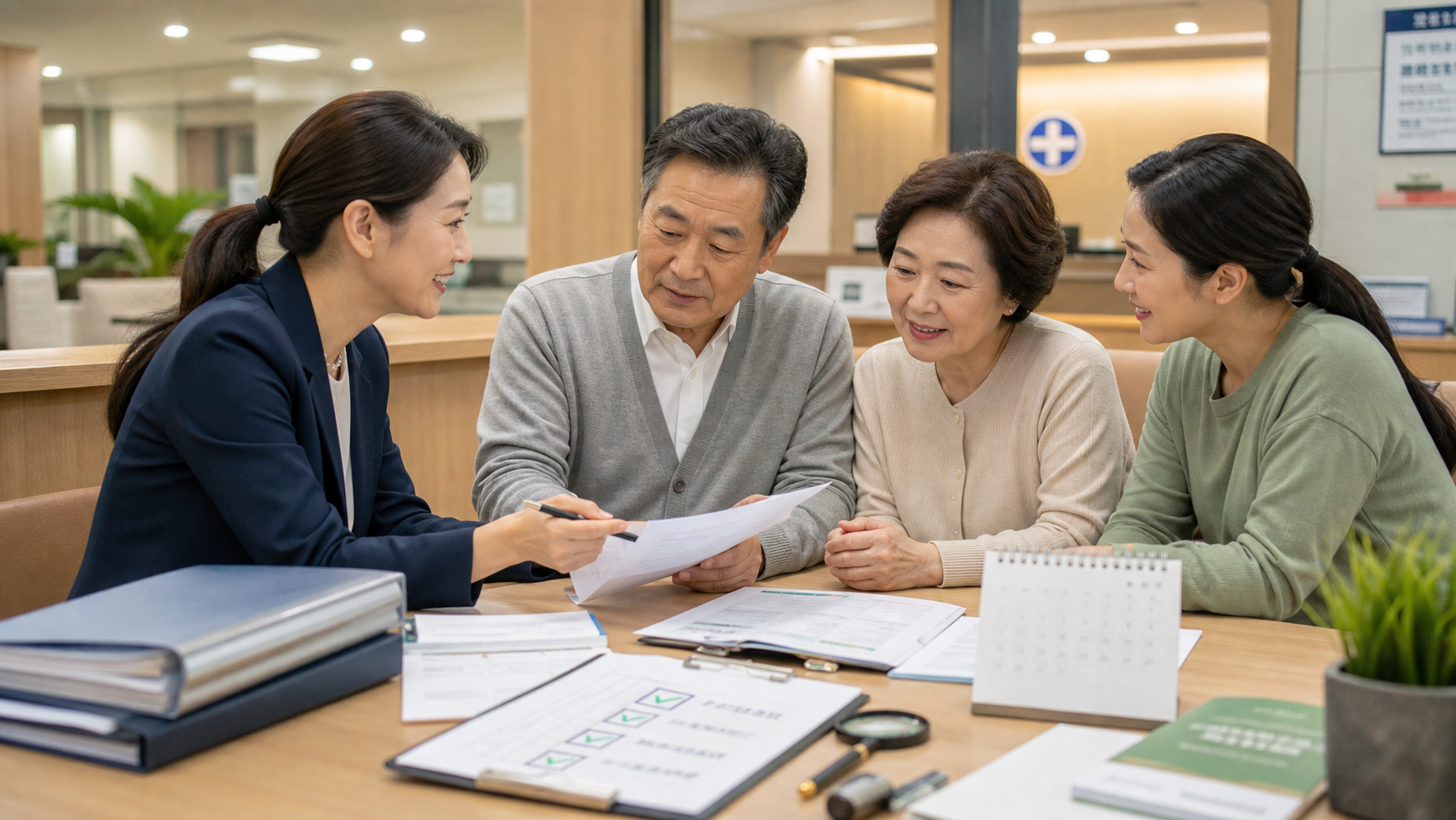보호자와 중장년 가족이 요양병원 간병서비스 체크리스트를 확인하는 이미지