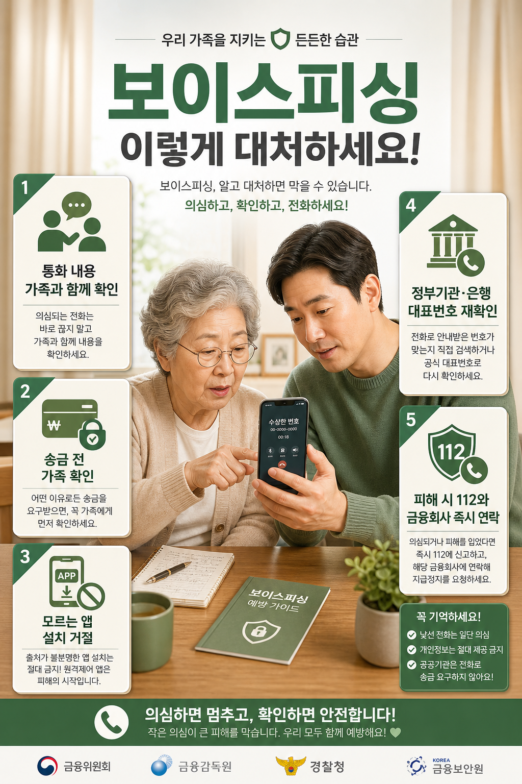 시니어와 보호자가 함께 보이스피싱 대응 절차를 확인하는 이미지