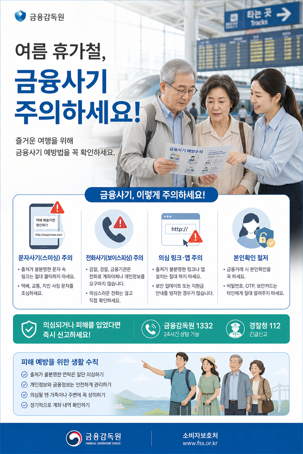 여름 휴가철 보이스피싱 예방 안내를 확인하는 중장년층
