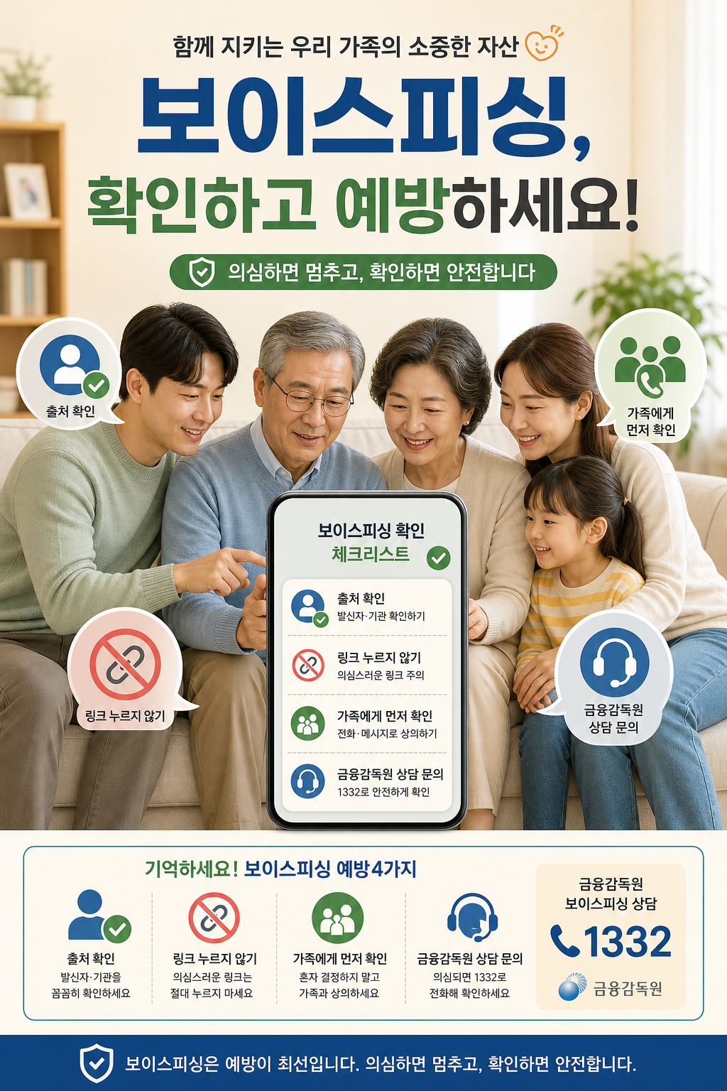 가족과 함께 스마트폰으로 보이스피싱 확인 체크리스트를 보는 모습