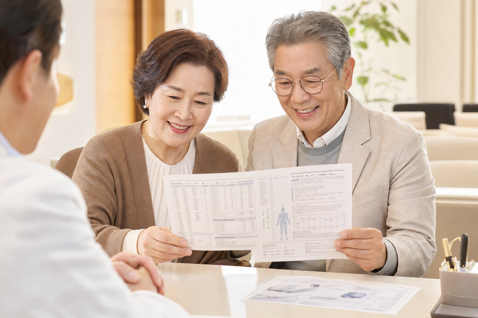 건강검진 결과표를 함께 확인하는 고령층 부부