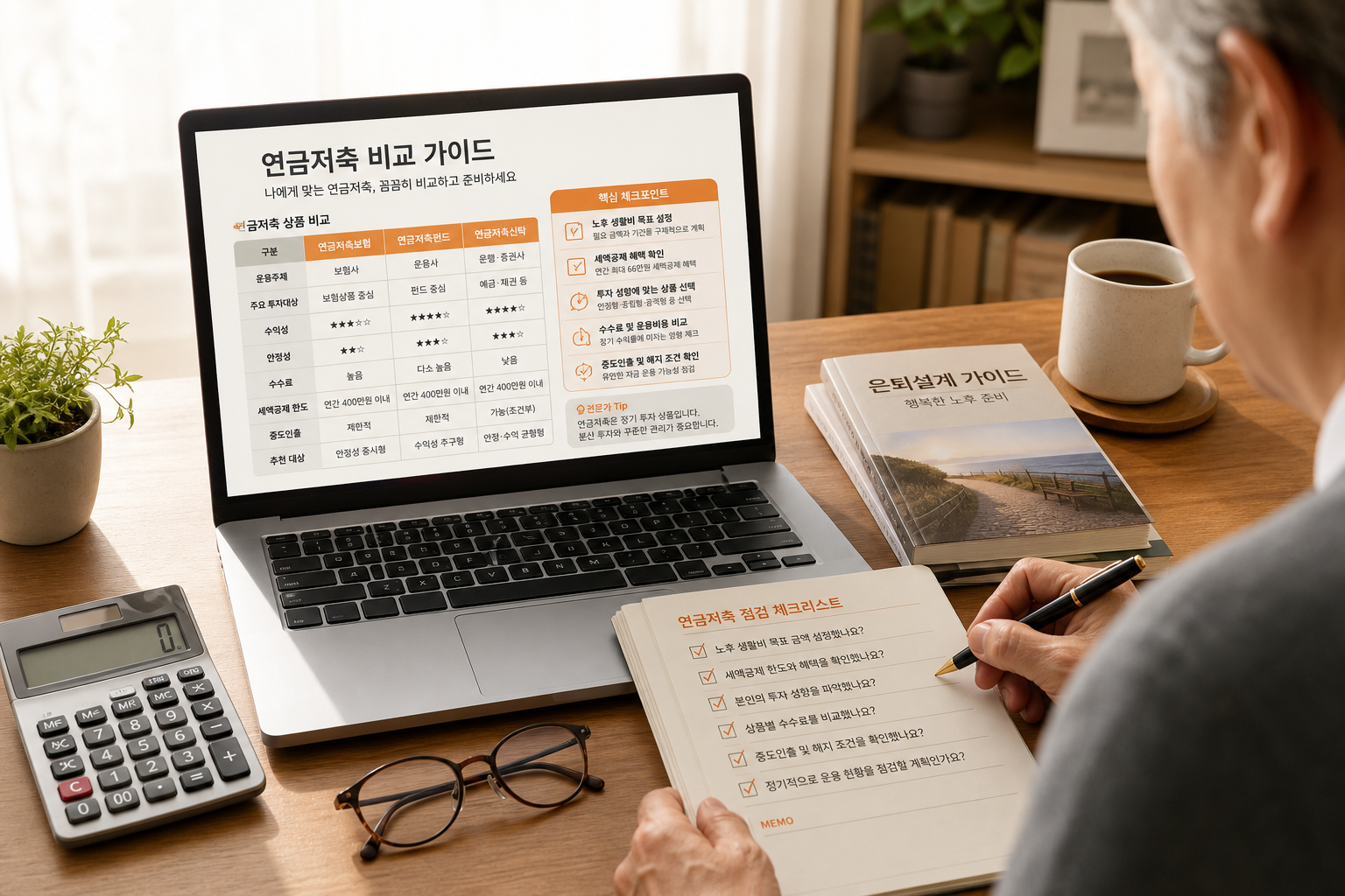 연금저축 비교표와 체크포인트를 확인하는 노트북 화면