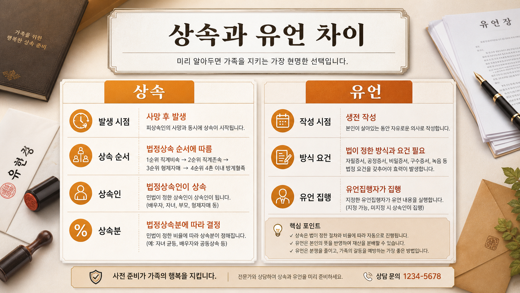 상속과 유언의 차이를 비교한 인포그래픽
