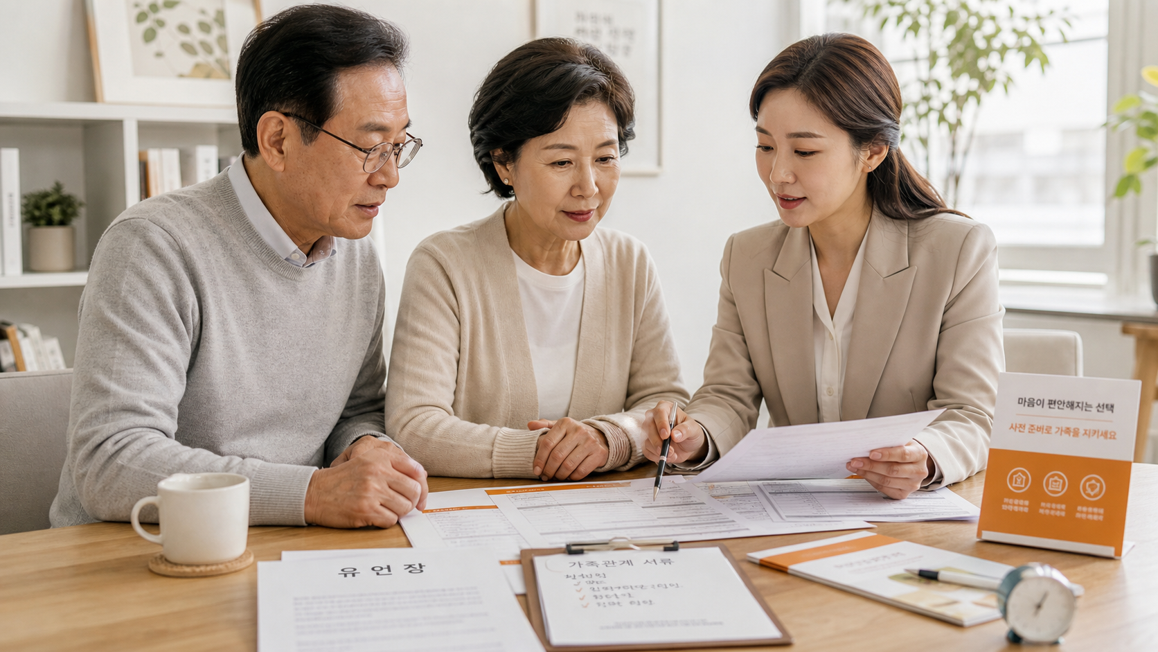 시니어와 가족이 유언 관련 서류를 함께 확인하는 장면