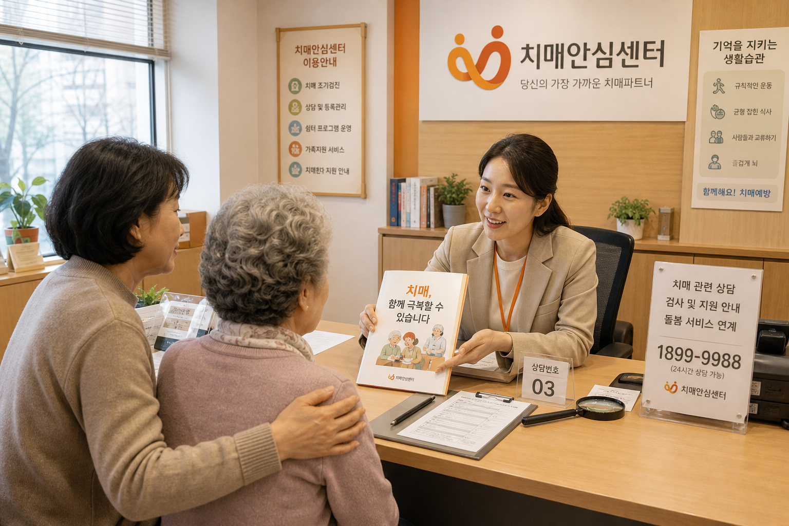 치매안심센터 상담실에서 보호자와 어르신이 함께 상담받는 모습