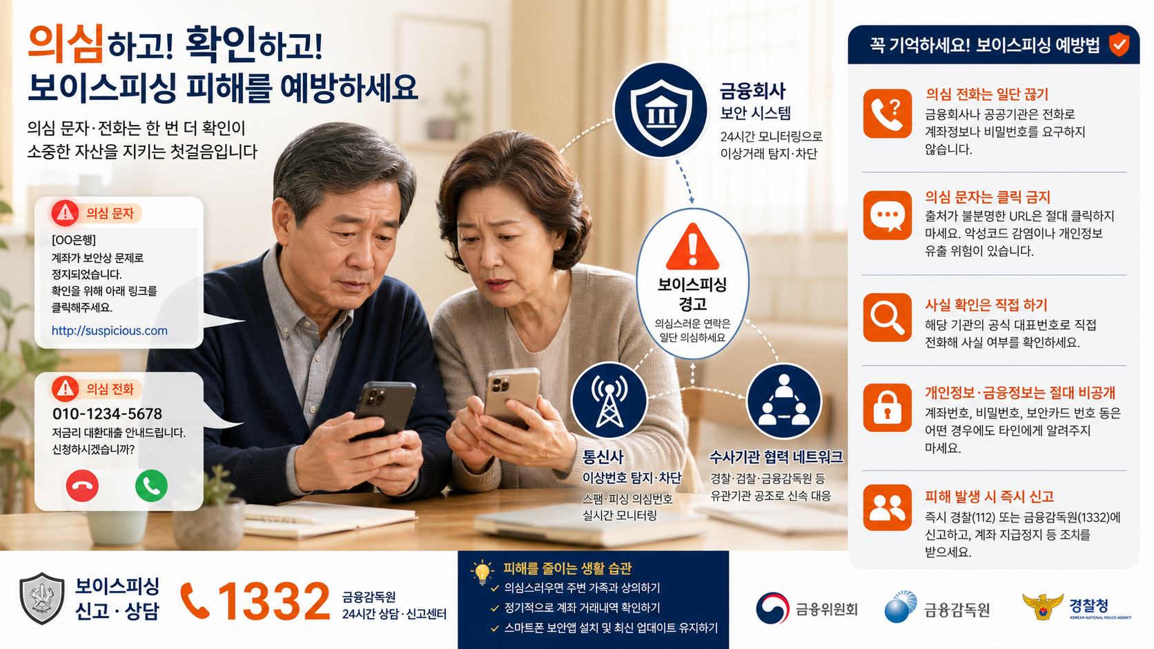 보이스피싱 의심 상황을 확인하는 중장년 부부와 금융안전 안내 이미지