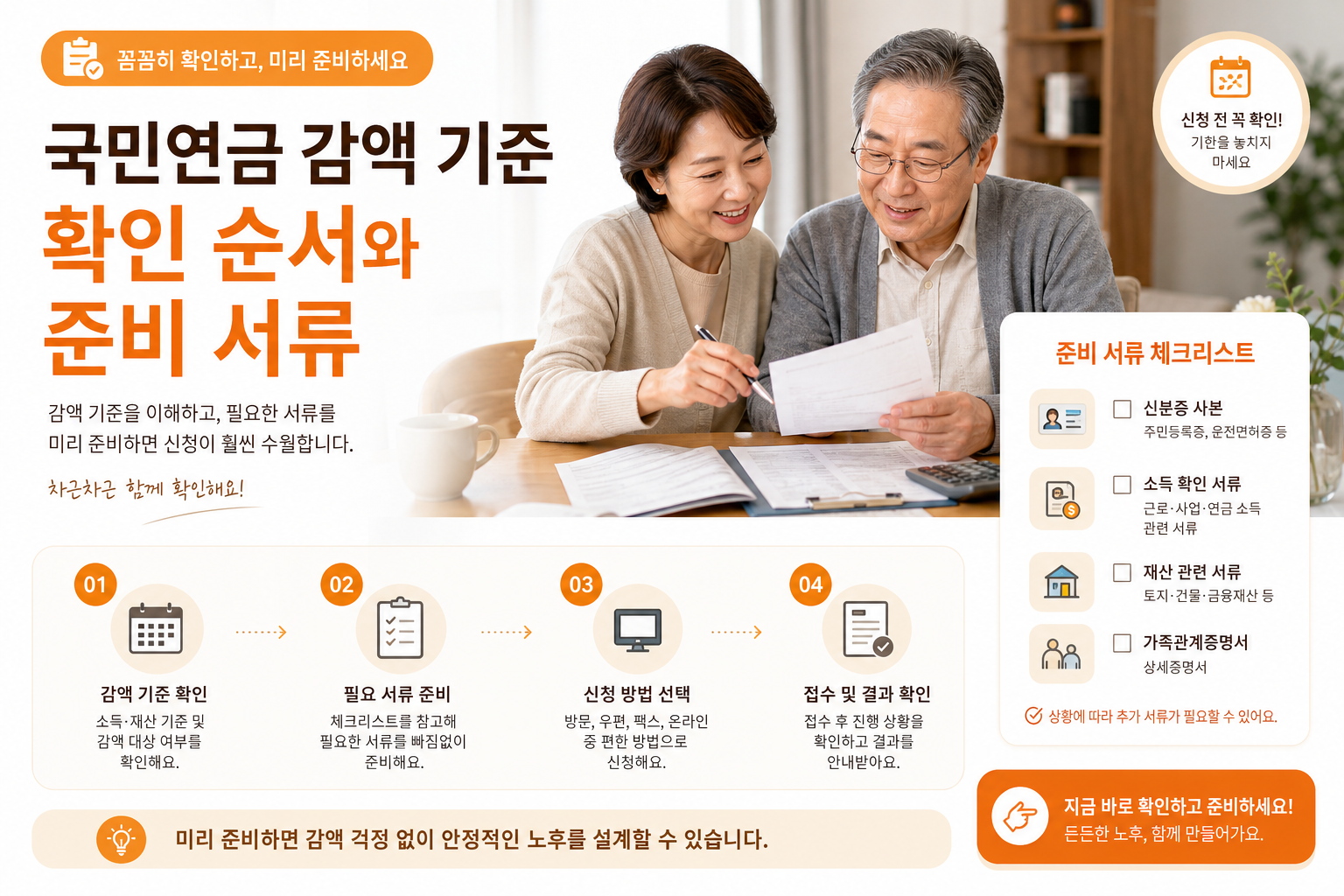 보호자와 어르신이 국민연금 감액 관련 서류를 함께 확인하는 장면