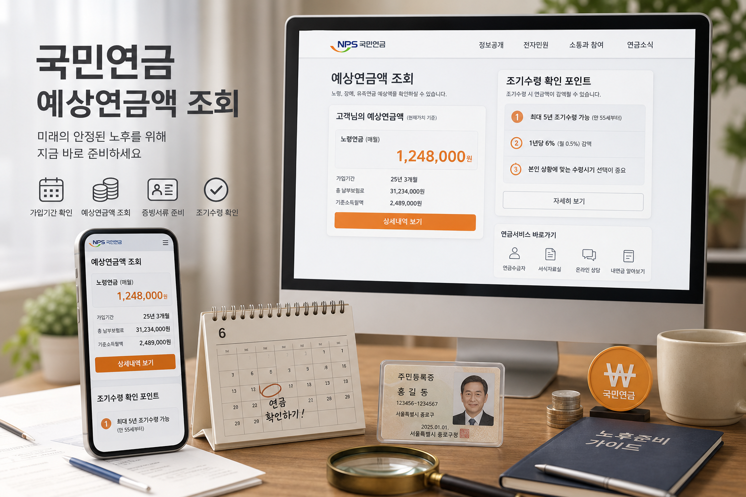스마트폰과 컴퓨터로 국민연금 예상연금액과 조기수령 정보를 살펴보는 인포그래픽