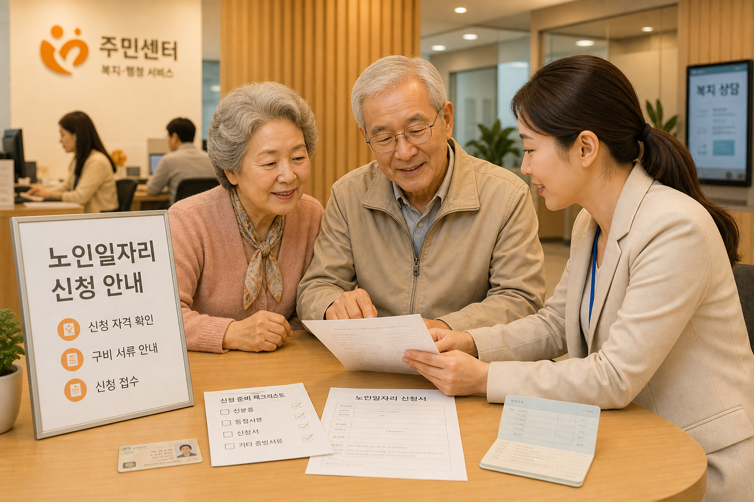 노인일자리 신청 준비 서류를 확인하는 어르신과 보호자
