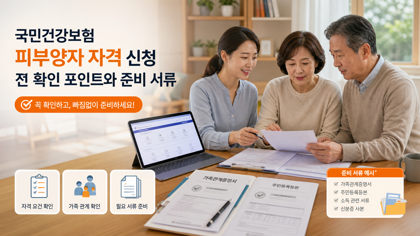 가족이 함께 건강보험 피부양자 서류를 확인하는 장면